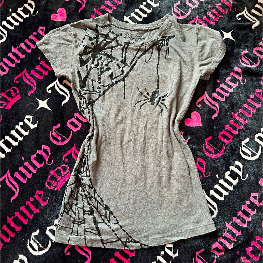 L.O.L. Vintage Women's Gray/Black Spider Web Graphic Print SS Tee Size S